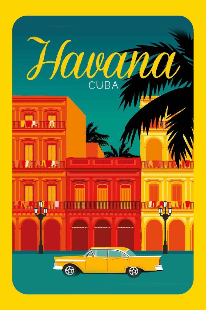 [LA-112560-H] Holzschild 30x20 cm Havana Cuba Zeichnung gelbes Auto Abenteuer Reisen