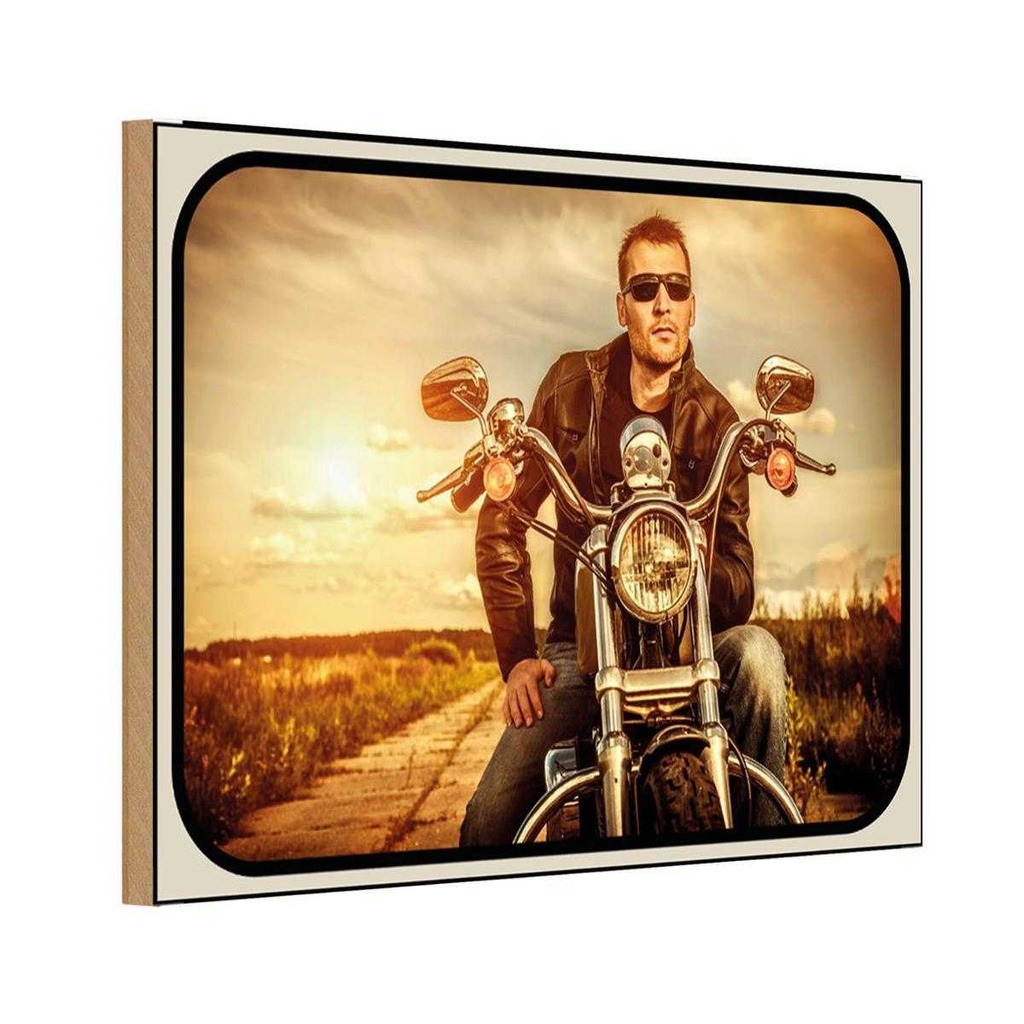 [LA-113650-H] Holzschild 20x30 cm Motorrad Mann Man Sonnenuntergang Bildmotiv Auto Garage Werkstatt