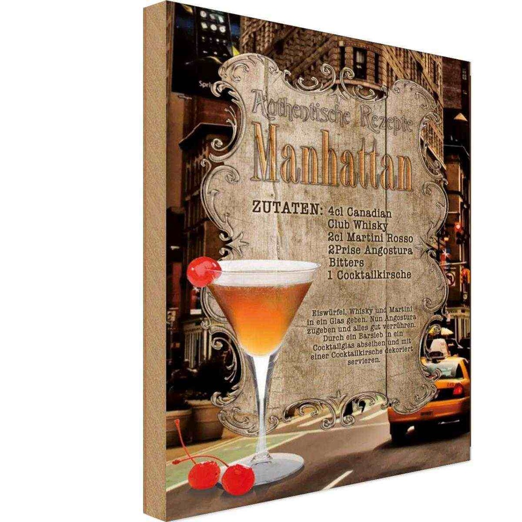 [LA-113669-H] Holzschild 30x20 cm Rezept Manhattan Zutaten Canadian England