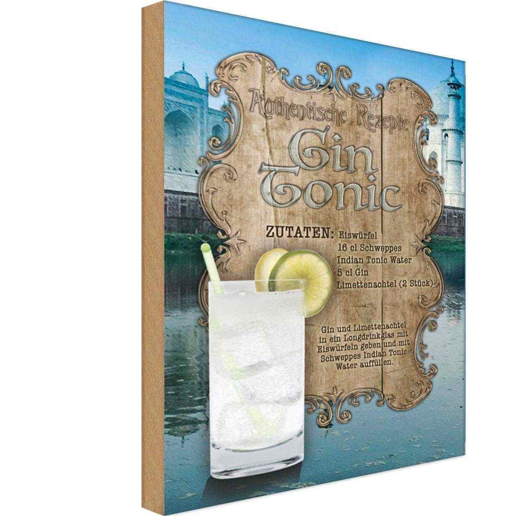 [LA-113674-H] Holzschild 30x20 cm Rezept Gin Tonic Zutaten Indian England