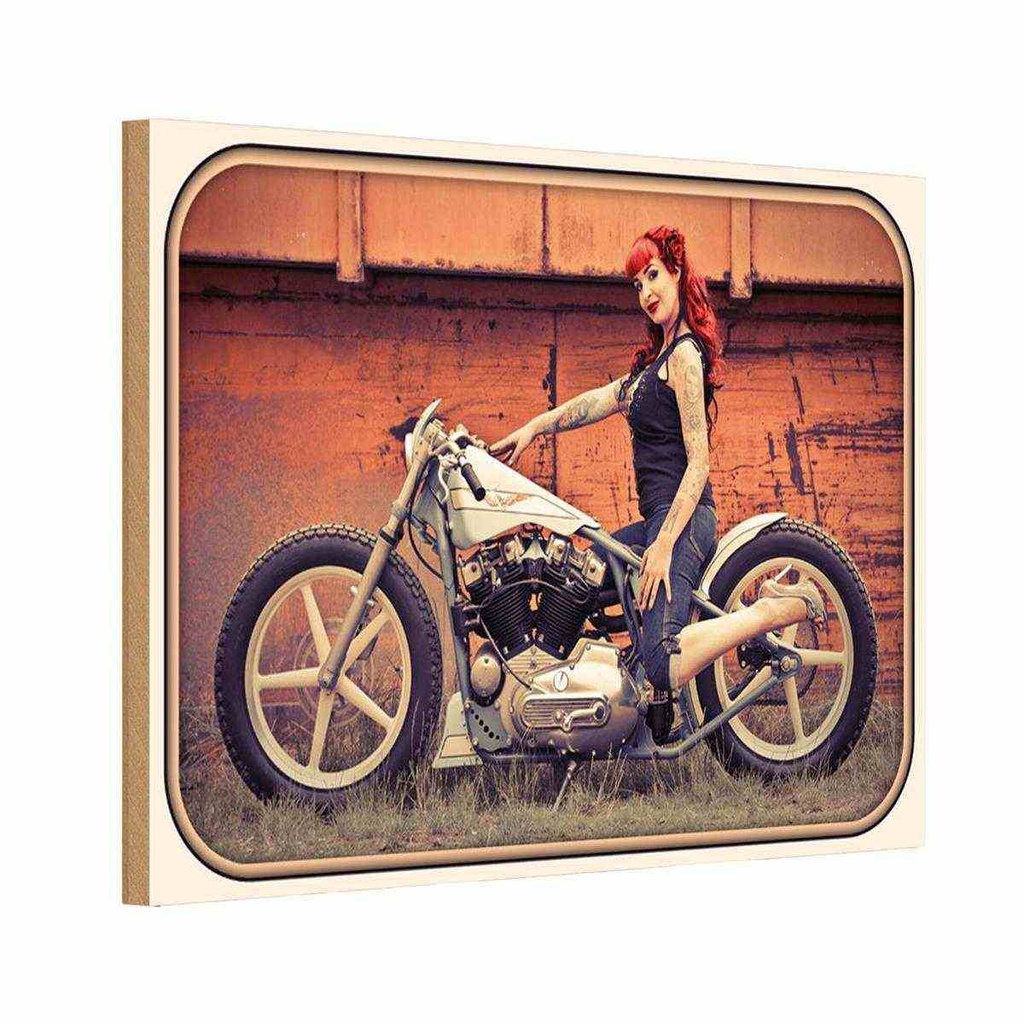 [LA-113711-H] Holzschild 20x30 cm Motorrad Biker Bildmotiv Girl Frau Pin up Auto Garage Werkstatt