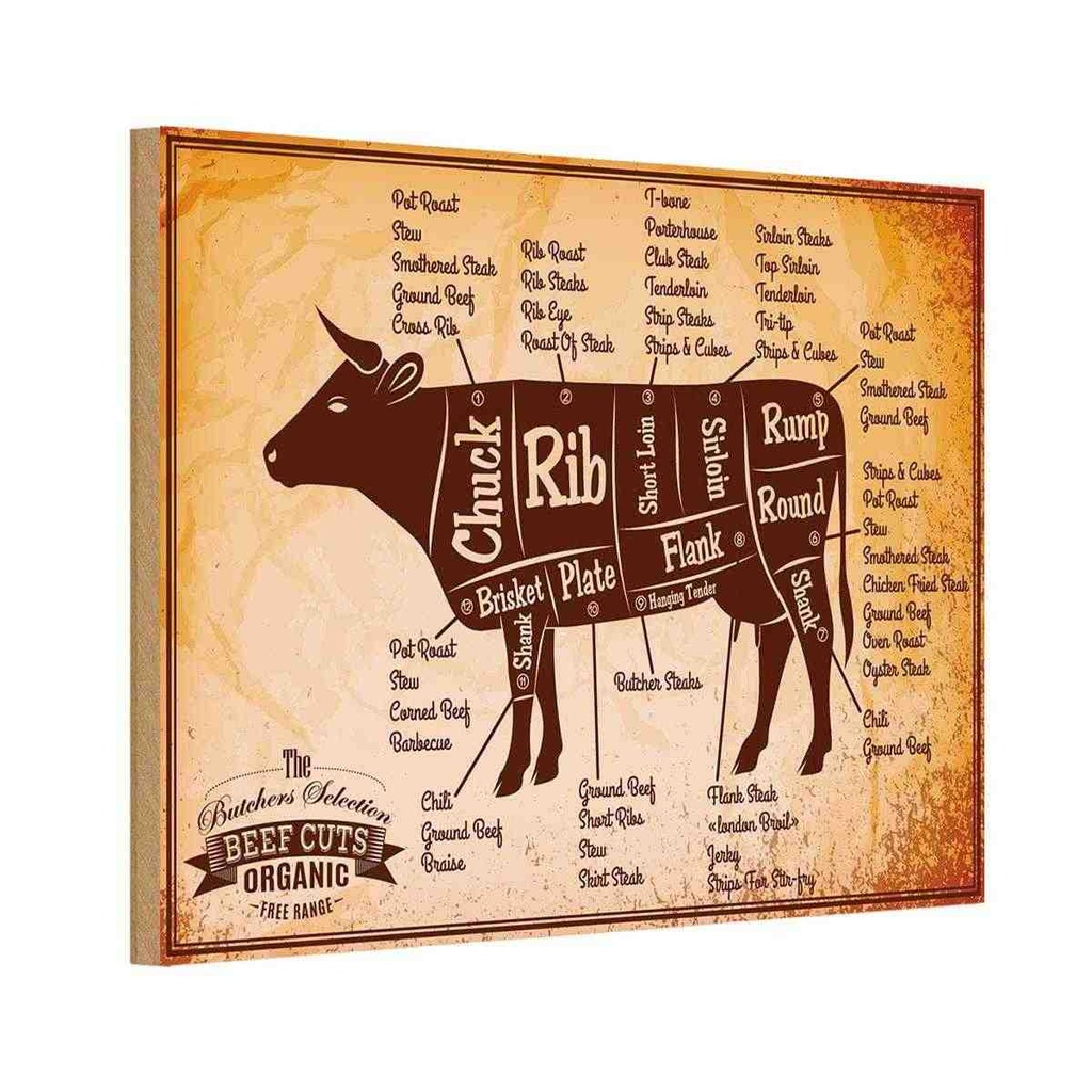 [LA-114611-H] Holzschild 20x30 cm Kuh Beef cuts Organic Metzgerei Hofladen Marktstand Laden
