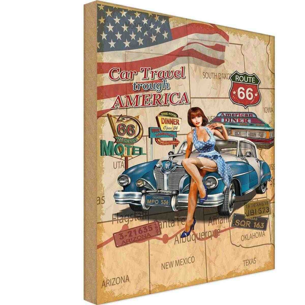 [LA-114620-H] Holzschild 30x20 cm Pinup Car Travel trough America Pin Up