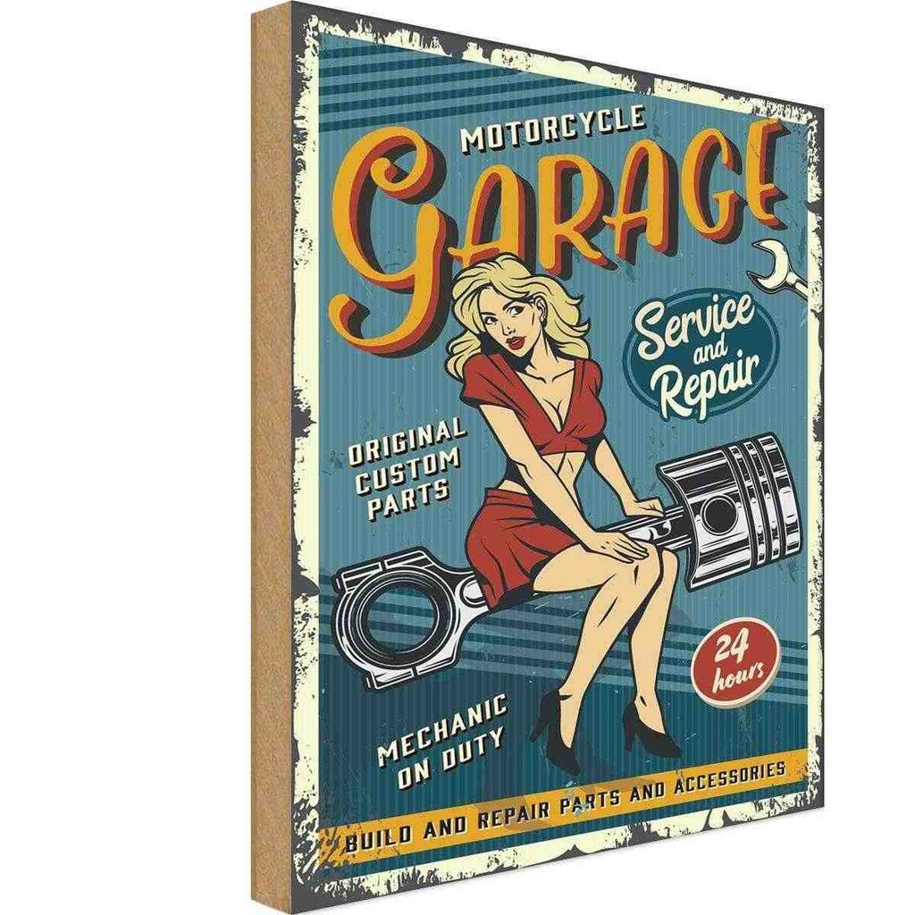 [LA-114665-H] Holzschild 30x20 cm Pinup motorcycle Garage 24service Pin Up