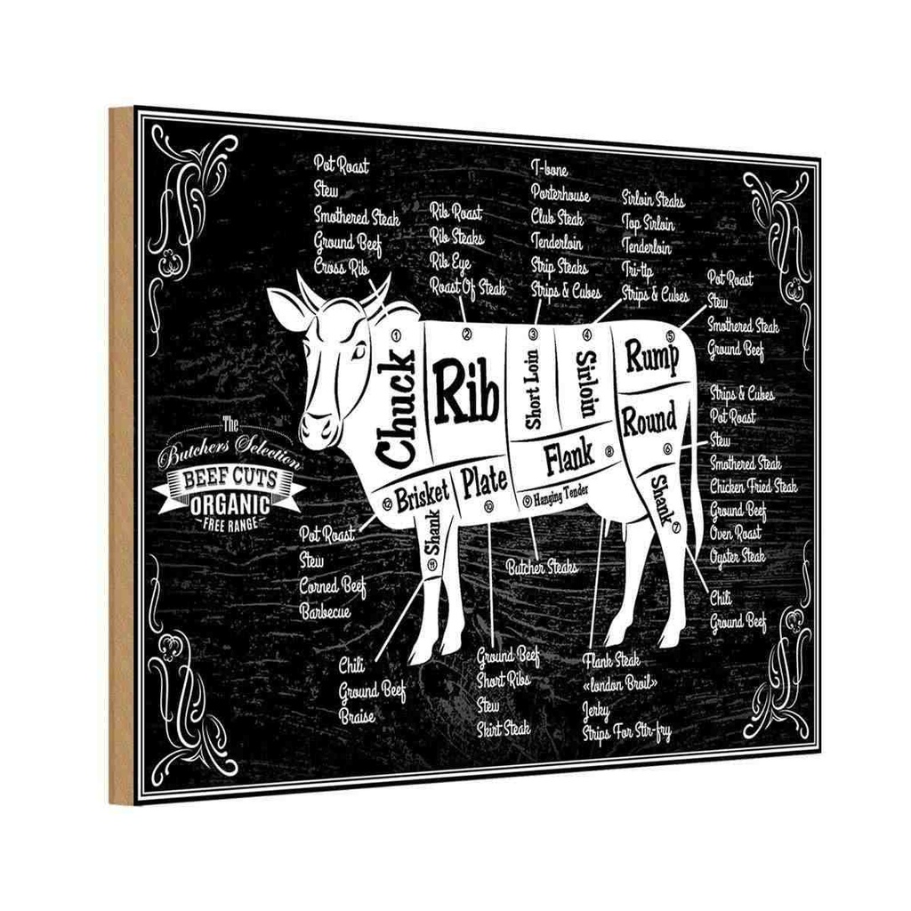 [LA-114716-H] Holzschild 20x30 cm Kuh Beef cuts Organic Metzgerei Hofladen Marktstand Laden