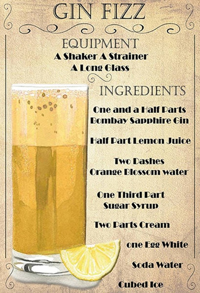 Holzschild 30x20 cm Gin Fizz Equipment ingredients