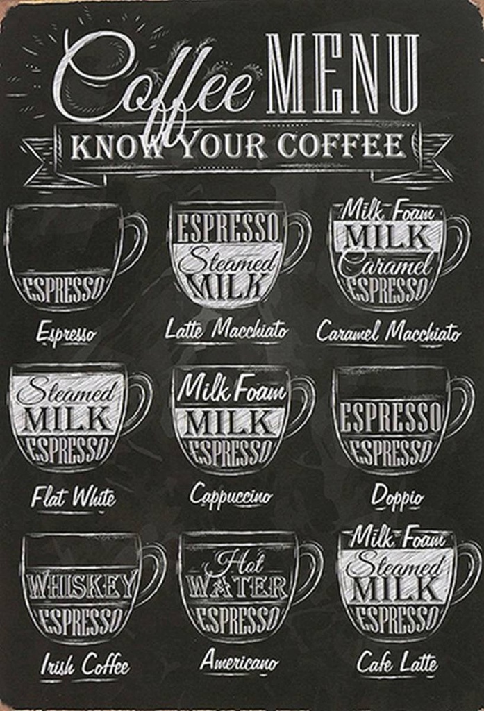 Holzschild 30x20 cm Coffee Menu Espresso Latte Flat