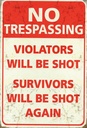 Holzschild 30x20 cm No trespassing violators be shot
