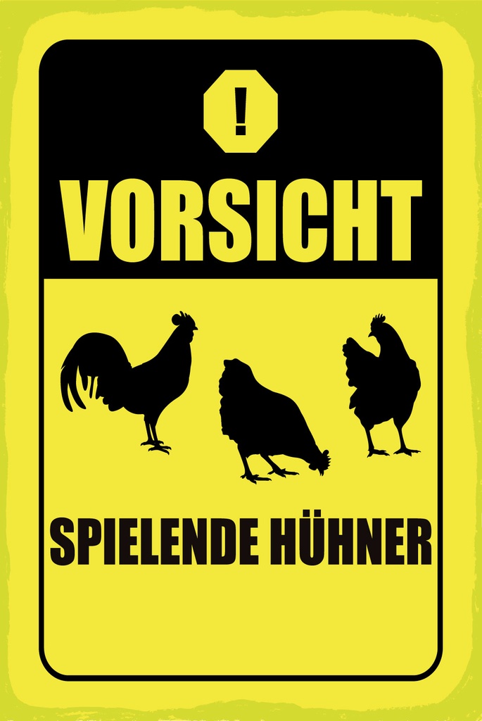 [LA-1809323-H] Holzschild 30x20 cm Vorsicht spielende Hühner gelbes