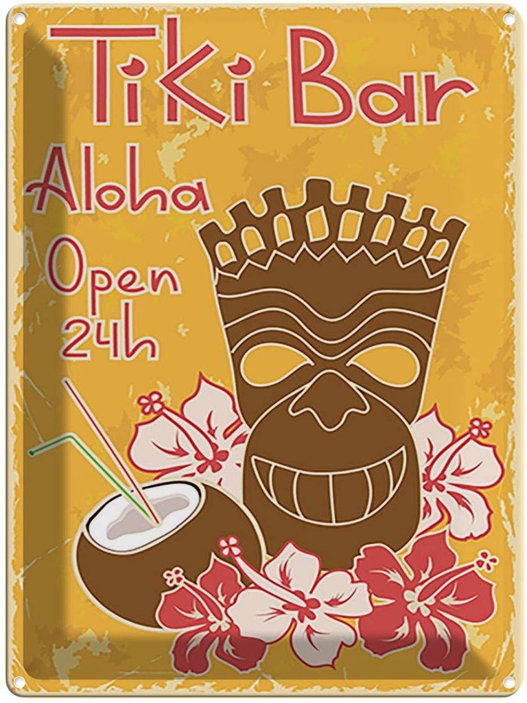[LA-118676] Blechschild 40x30 cm Tiki Bar Aloha Hawaii Essen Trinken Club Alkohol