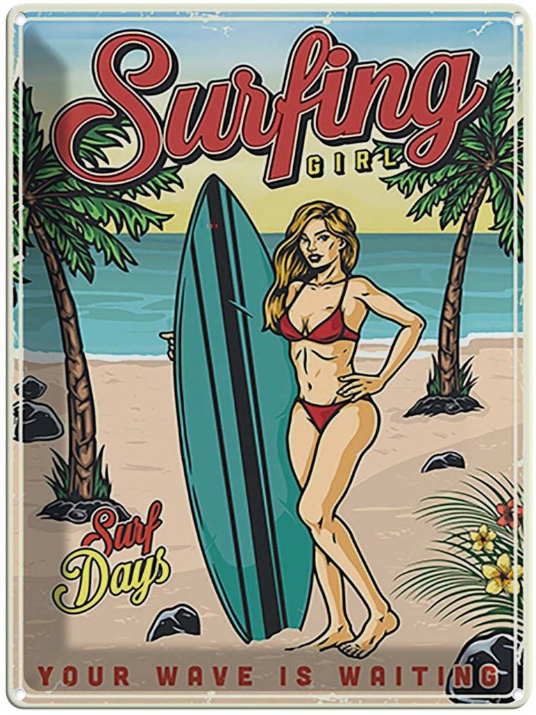 [LA-118688] Blechschild 40x30 cm Pin Up Surfing Girl Sommer Party