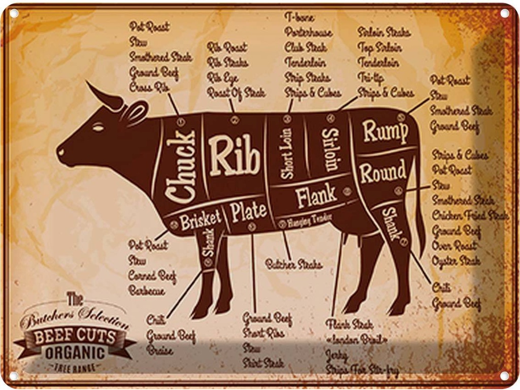 [LA-118692] Blechschild 30x40 cm Beef cuts Organic Metzgerei Hofladen Marktstand Laden