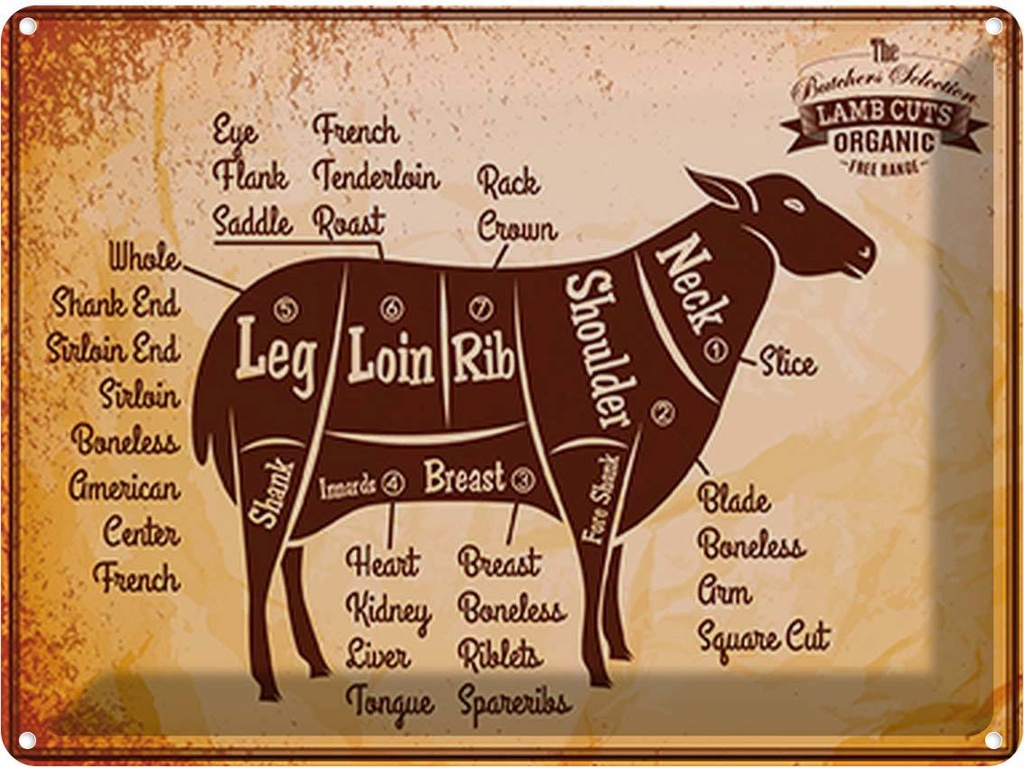[LA-118693] Blechschild 30x40 cm Lamb cuts Organic Metzgerei Hofladen Marktstand Laden