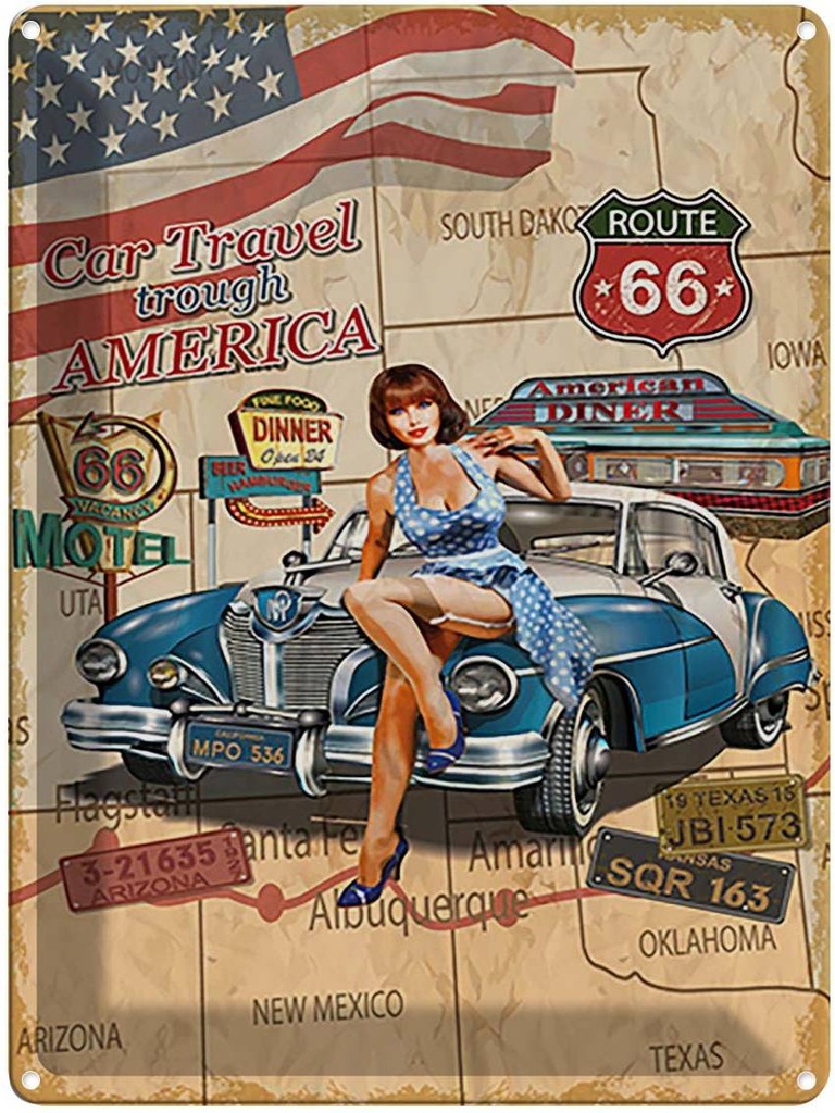 [LA-118701] Blechschild 40x30 cm Pinup Car Travel trough America Pin Up