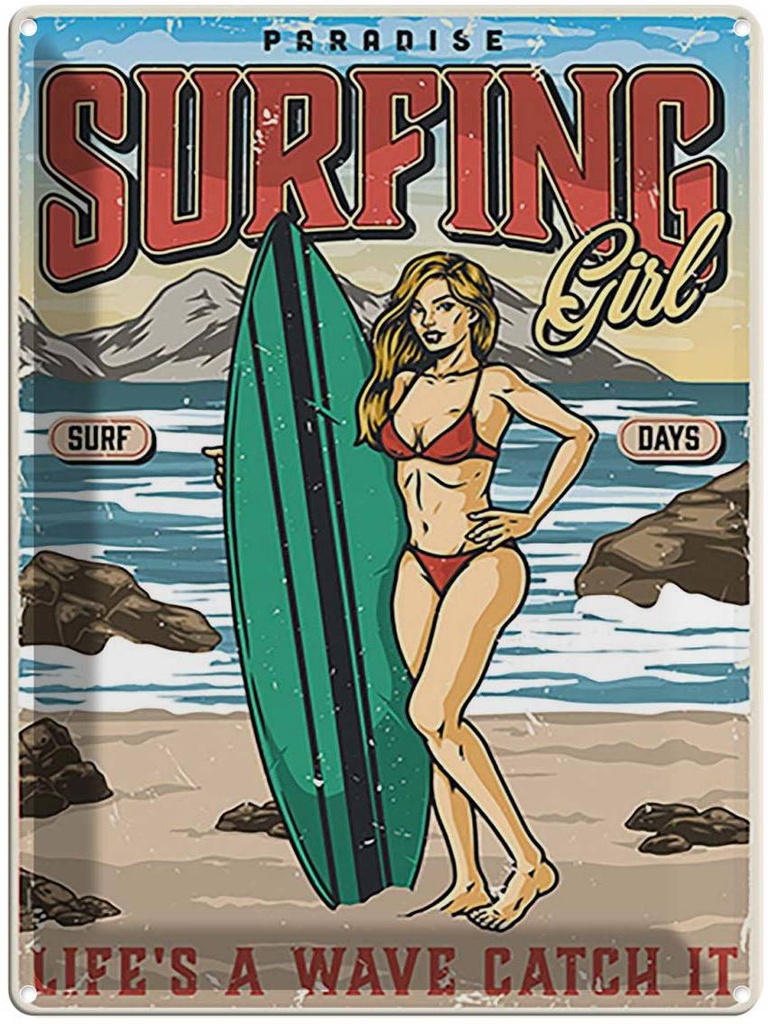 [LA-118712] Blechschild 40x30 cm Surfing Girl Paradise Sommer Abenteuer Reisen