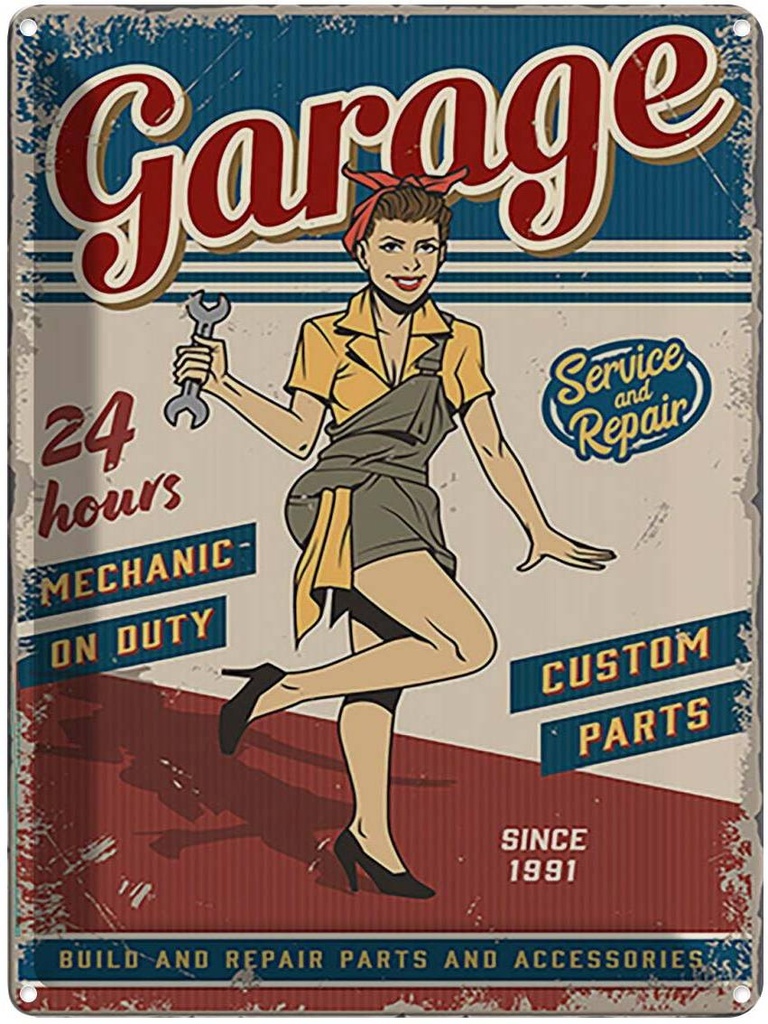 [LA-118741] Blechschild 40x30 cm Pinup Garage 24 hours repair Auto Pin Up