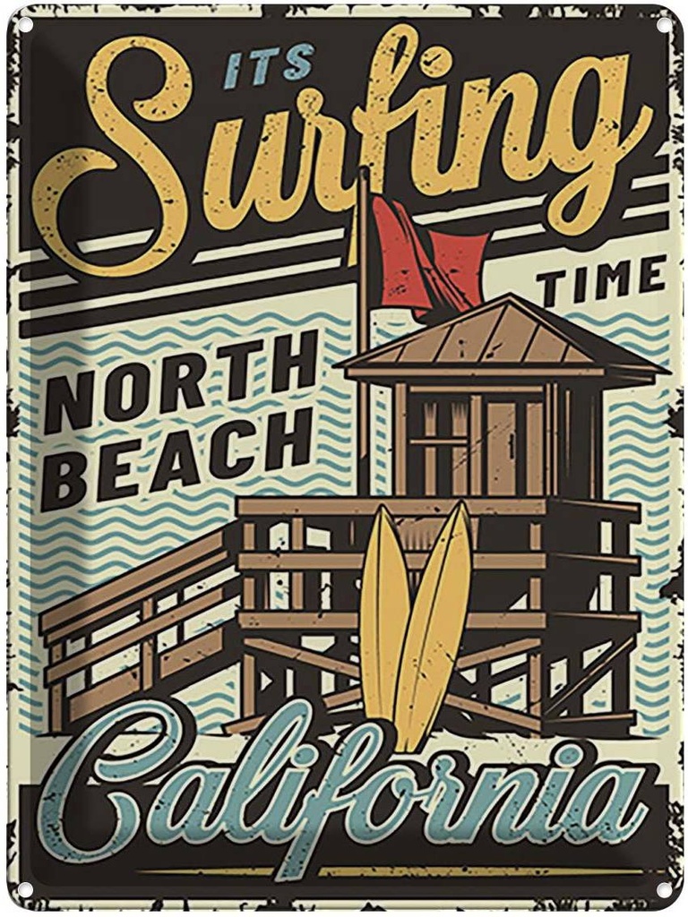[LA-118769] Blechschild 40x30 cm ist Surfing time north beach Dekoration