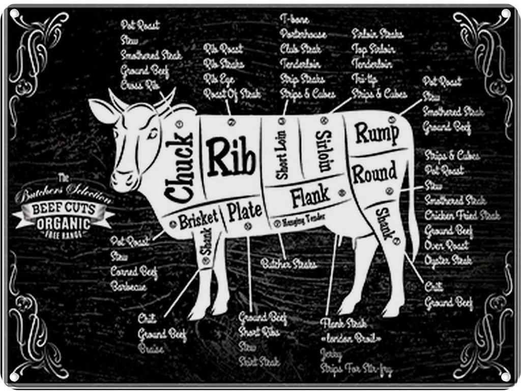 [LA-118797] Blechschild 30x40 cm Beef cuts Organic Metzgerei Hofladen Marktstand Laden