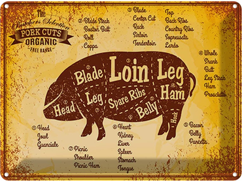 [LA-118891] Blechschild 30x40 cm Pork cuts organic Metzgerei Hofladen Marktstand Laden