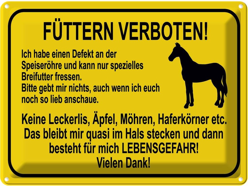 [LA-119340] Blechschild 30x40 cm füttern verboten Pferde Warnschild Hinweisschild Sicherheit Vorsicht