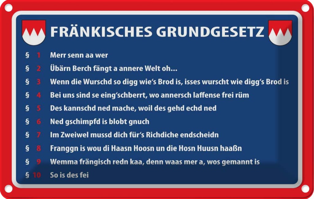 [LA-111692-1812] Blechschild 12x18 cm Fränkisches Grundgesetz Dekoration