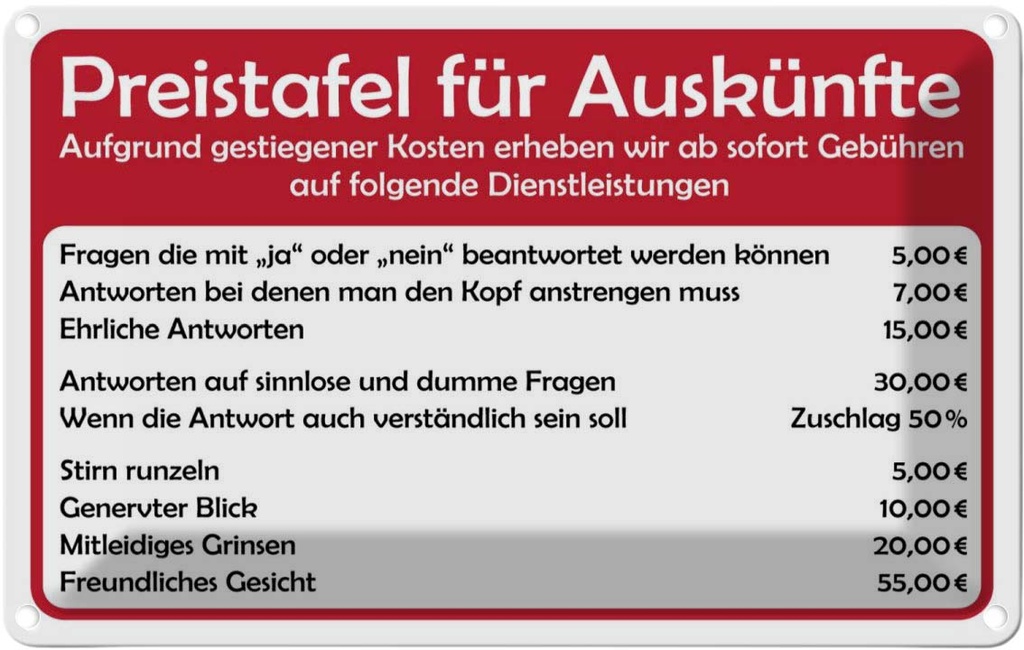 [LA-111764-1812] Blechschild 12x18 cm Preistafel für Auskünfte Dekoration