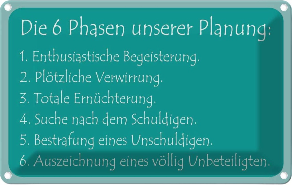[LA-111822-1812] Blechschild 12x18 cm Die 6 Phasen unserer Planung Dekoration Spruch Zitat