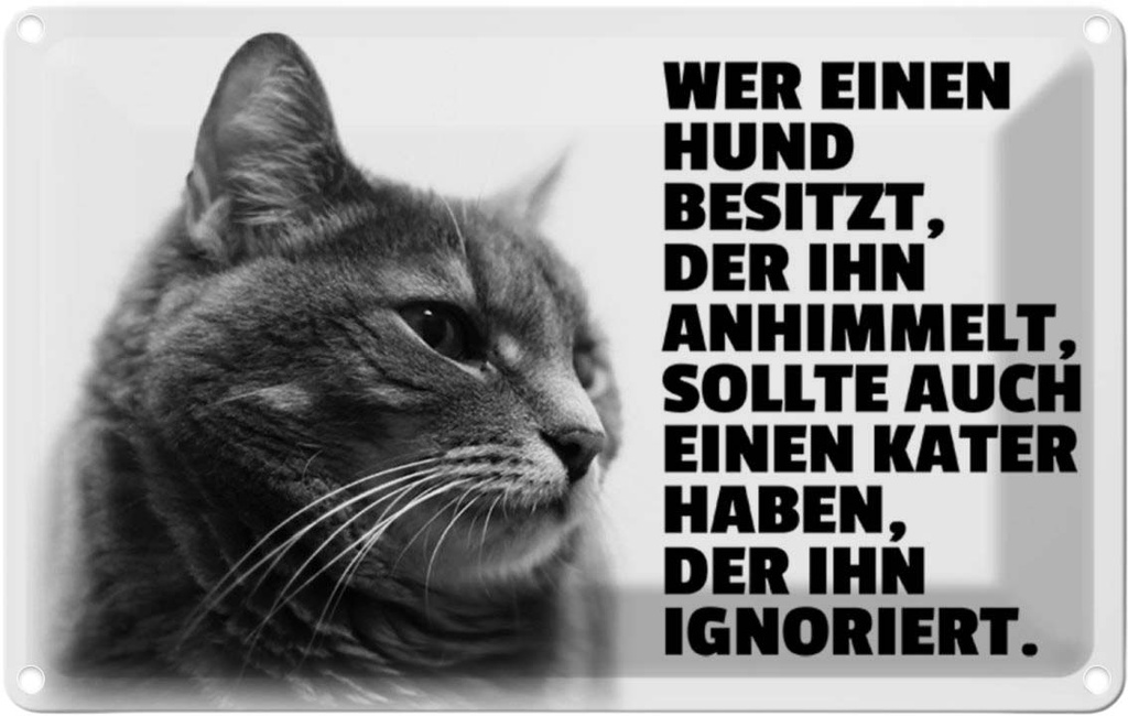 [LA-112001-1812] Blechschild 12x18 cm Hund himmelt an Kater ignoriert Tier Haustier
