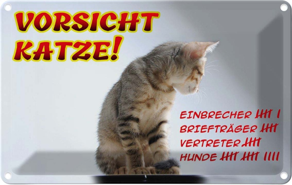 [LA-112003-1812] Blechschild 12x18 cm Vorsicht Katze Strichliste Warnschild Hinweisschild Sicherheit