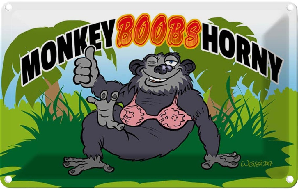[LA-112059-1812] Blechschild 12x18 cm Monkey Boobs Horny Affe im BH Tier Haustier