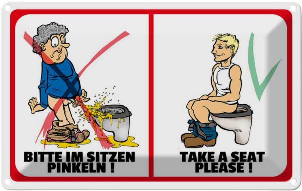 [LA-112075-1812] Blechschild 12x18 cm Bitte im Sitzen pinkeln Warnschild Hinweisschild Sicherheit Vorsicht
