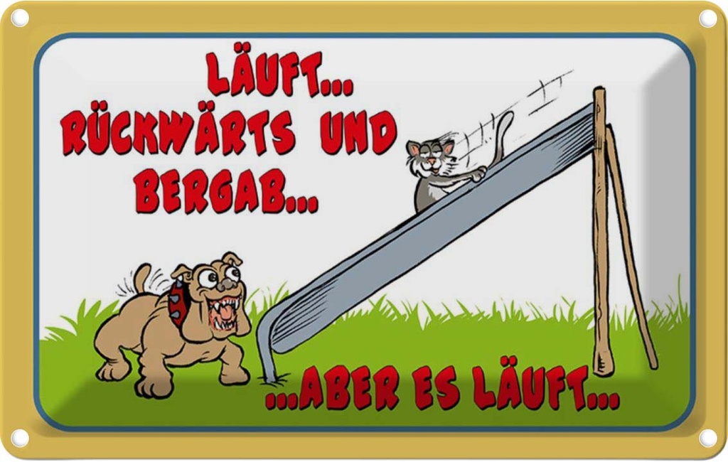 [LA-112141-1812] Blechschild 12x18 cm läuft Rückwärts und bergab Hund Tier Haustier