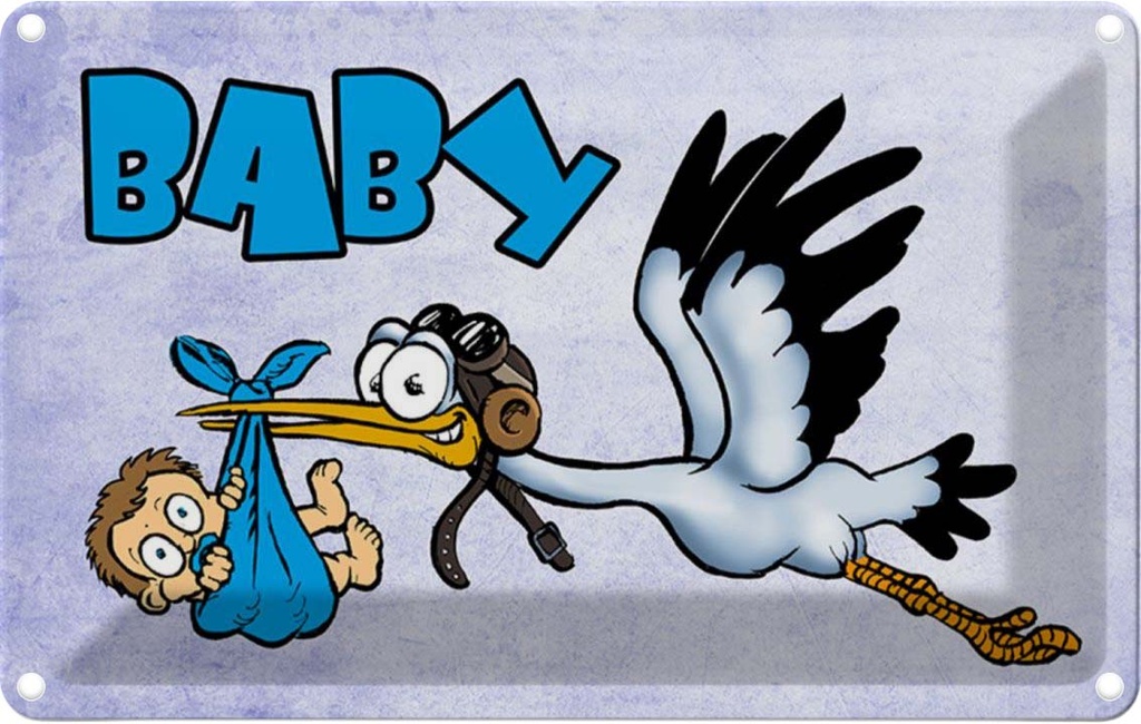 [LA-112197-1812] Blechschild 12x18 cm Baby Storch bringt Kind in blau