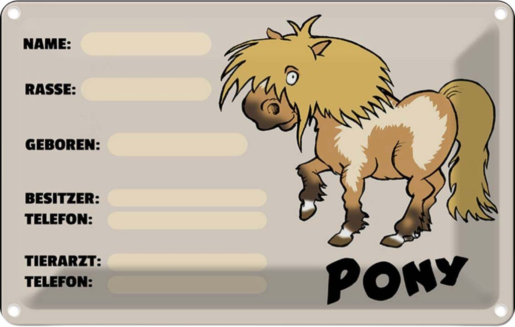 [LA-112222-1812] Blechschild 12x18 cm Pony Tiere Name Rasse Besitzer geboren Tier Haustier