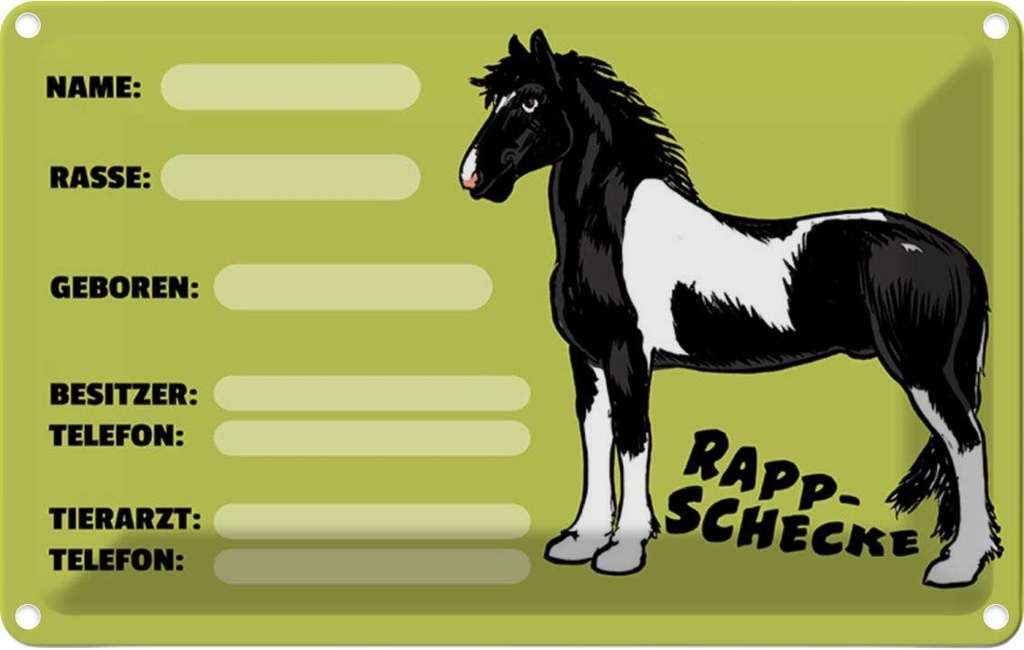 [LA-112224-1812] Blechschild 12x18 cm Pferd Rappschecke Name Besitzer Rasse Tier Haustier