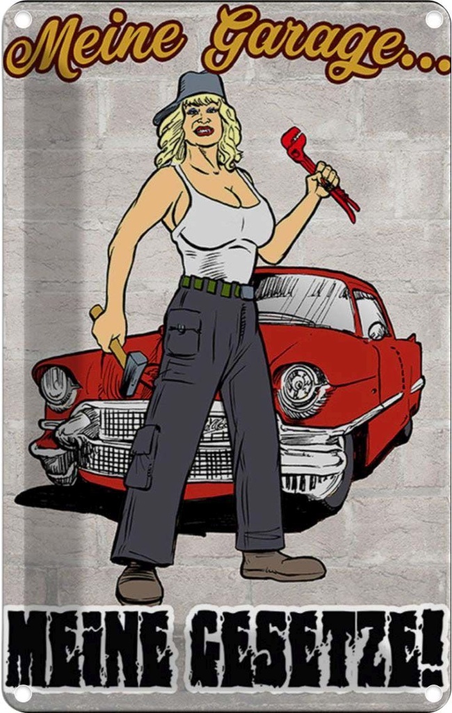[LA-112232-1812] Blechschild 18x12 cm Pinup Meine Garage Gesetze Pin Up Spruch Zitat