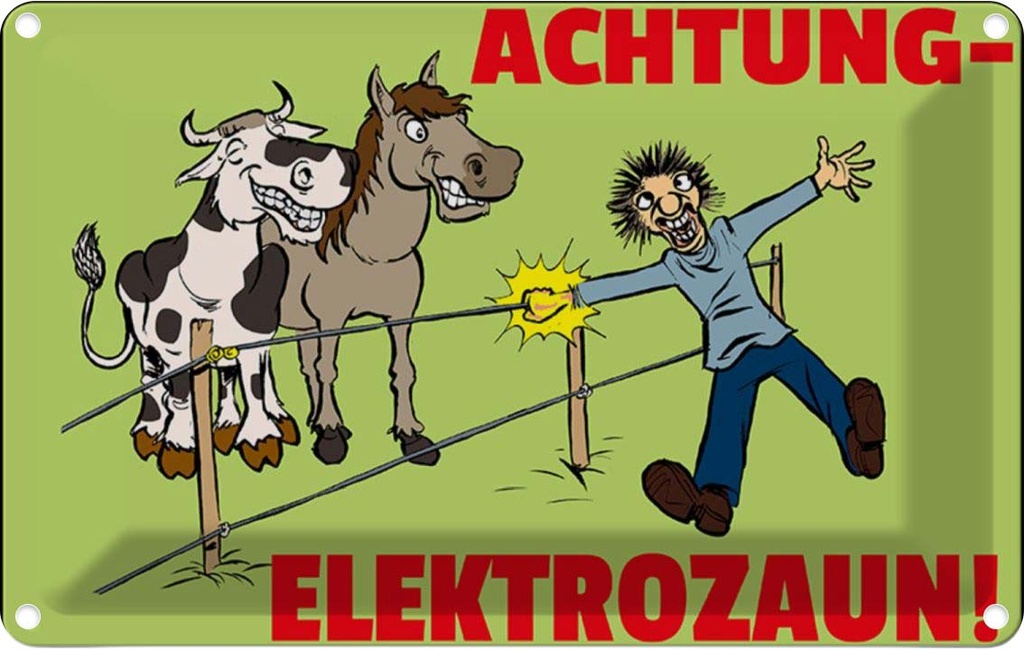 [LA-112239-1812] Blechschild 12x18 cm Tiere Achtung Elektrozaun Warnschild Hinweisschild Sicherheit Vorsicht