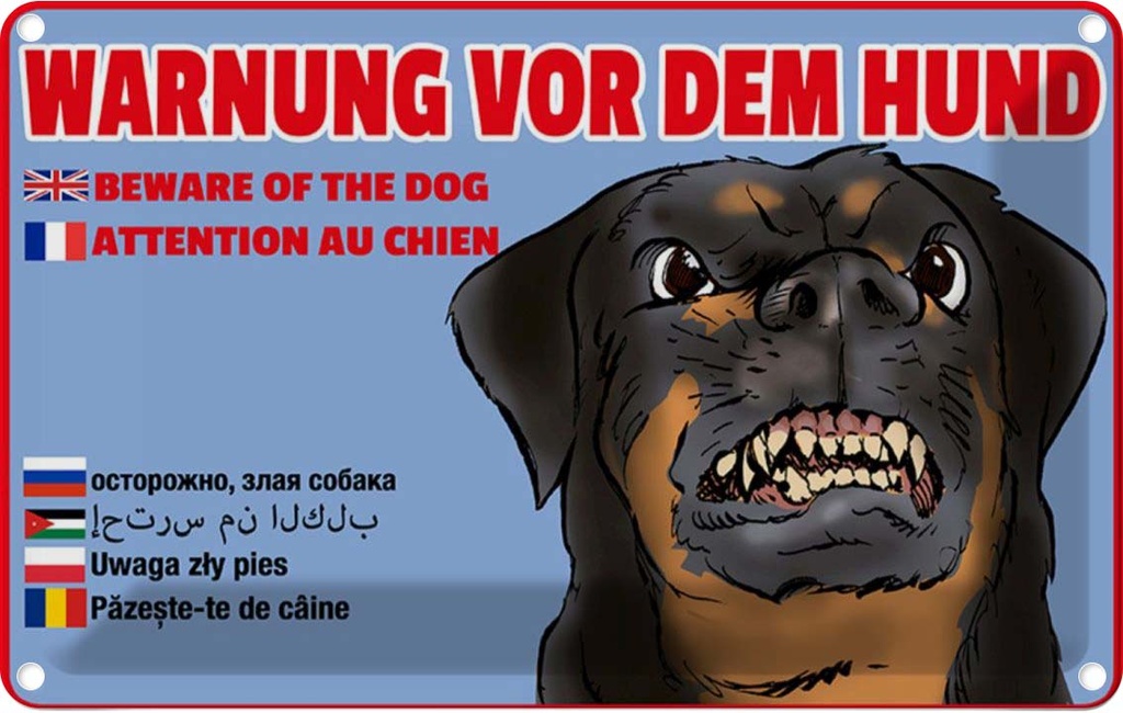 [LA-112284-1812] Blechschild 12x18 cm Warnung vor Hund Multi Sprachen Warnschild Hinweisschild Sicherheit Vorsicht