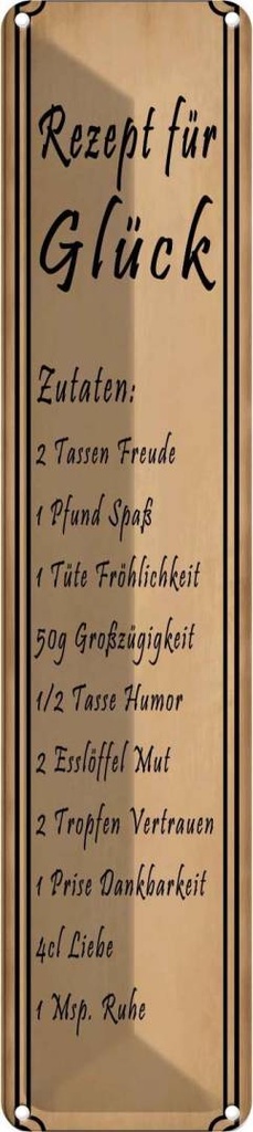 [LA-120841] Blechschild 10x46 cm Rezept für Glück 2 Tassen Freude England Restaurant Küche