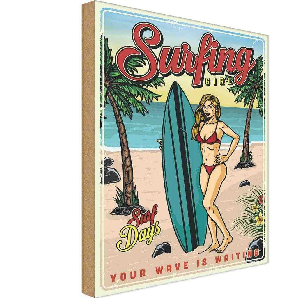[LA-118688-H] Holzschild 40x30 cm Pin Up Surfing Girl Sommer Party