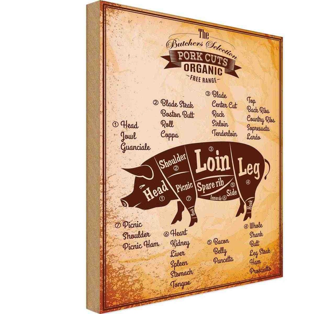 [LA-118691-H] Holzschild 40x30 cm Pork cuts organic Metzgerei Hofladen Marktstand Laden