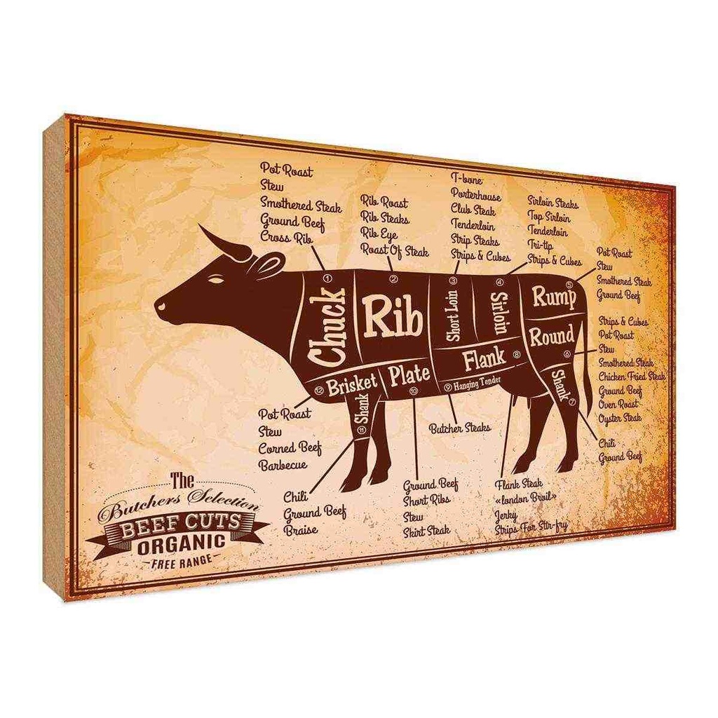 [LA-118692-H] Holzschild 30x40 cm Beef cuts Organic Metzgerei Hofladen Marktstand Laden