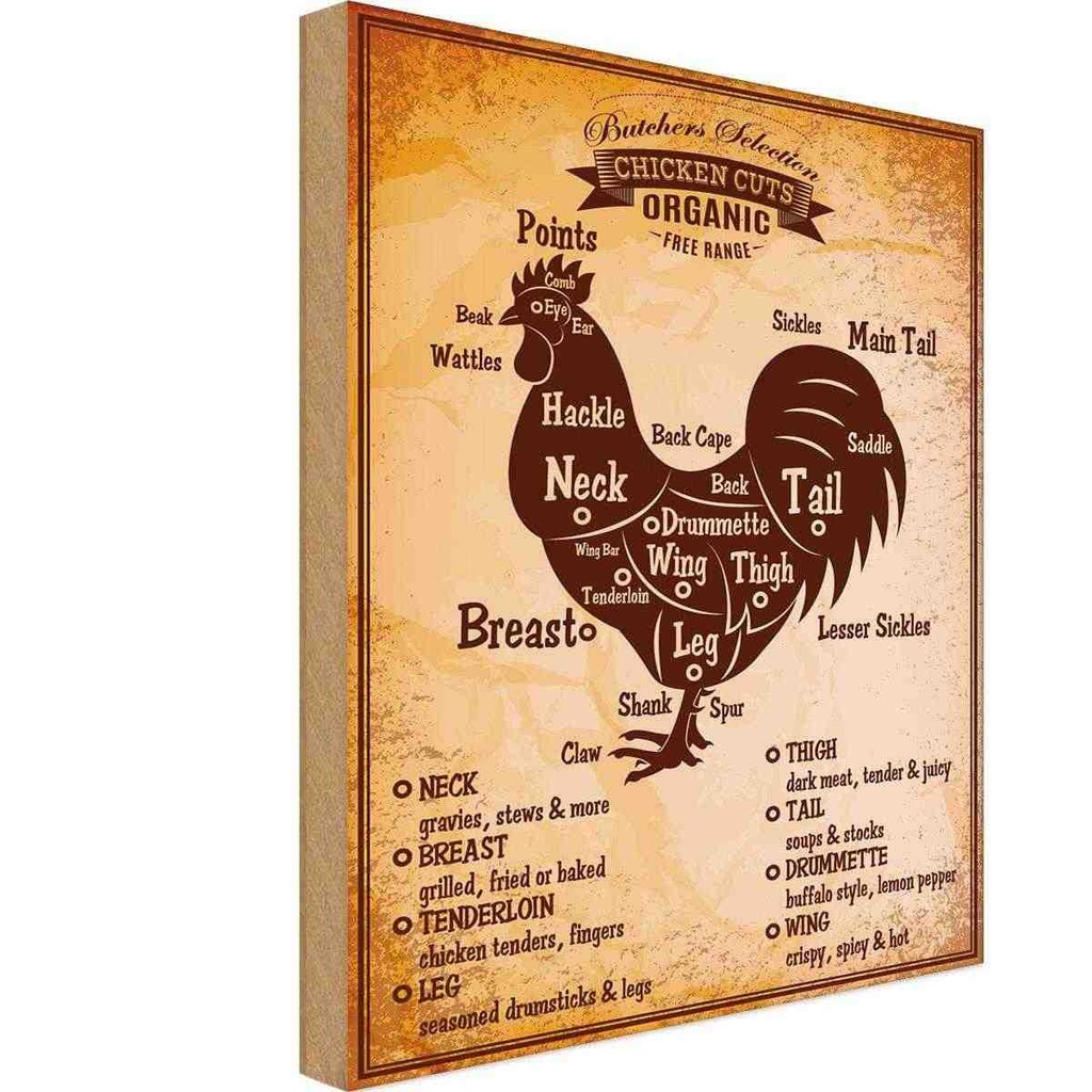 [LA-118694-H] Holzschild 40x30 cm Chicken cuts Organic Metzgerei Hofladen Marktstand Laden