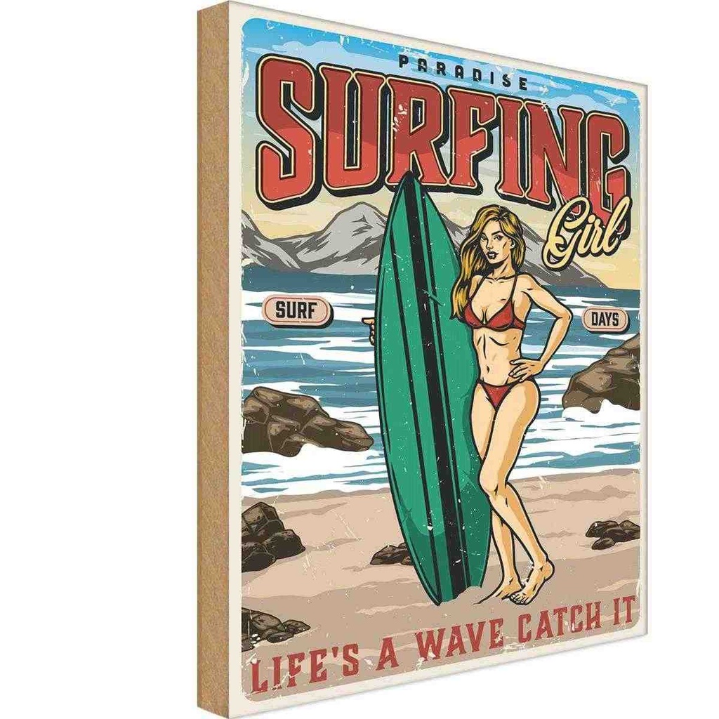 [LA-118712-H] Holzschild 40x30 cm Surfing Girl Paradise Sommer Abenteuer Reisen