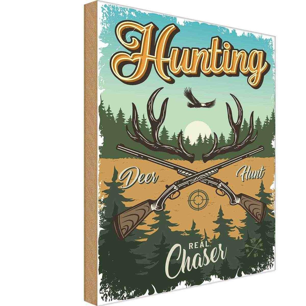 [LA-118722-H] Holzschild 40x30 cm Hunting deer hunt Abenteuer Reisen