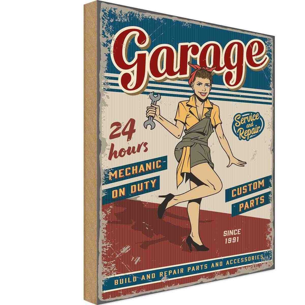 [LA-118741-H] Holzschild 40x30 cm Pinup Garage 24 hours repair Auto Pin Up
