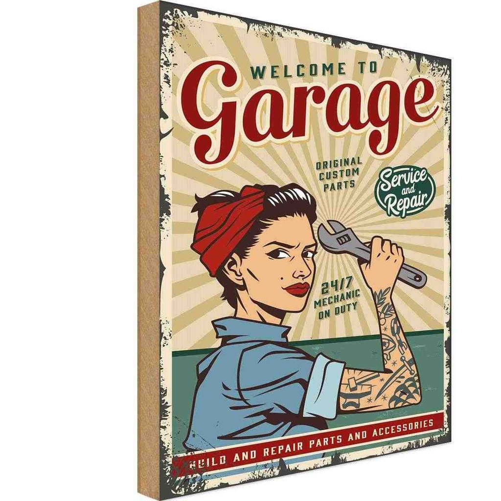 [LA-118745-H] Holzschild 40x30 cm Pinup welcome Garage service 24/7 Pin Up