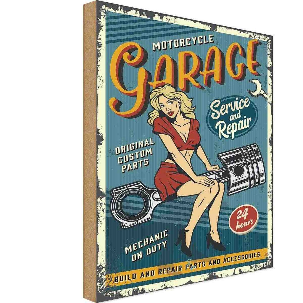 [LA-118746-H] Holzschild 40x30 cm Pinup motorcycle Garage 24service Pin Up