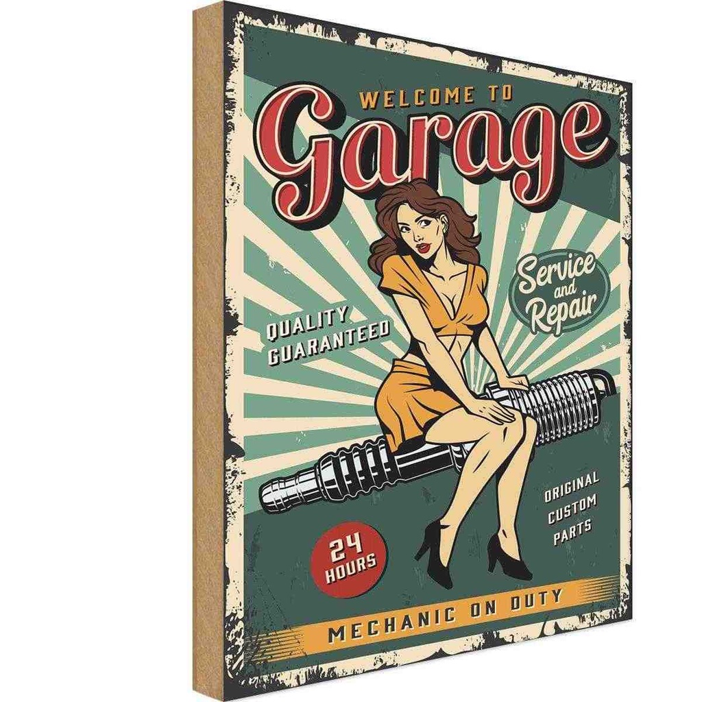 [LA-118747-H] Holzschild 40x30 cm Pinup welcome Garage 24 service Pin Up