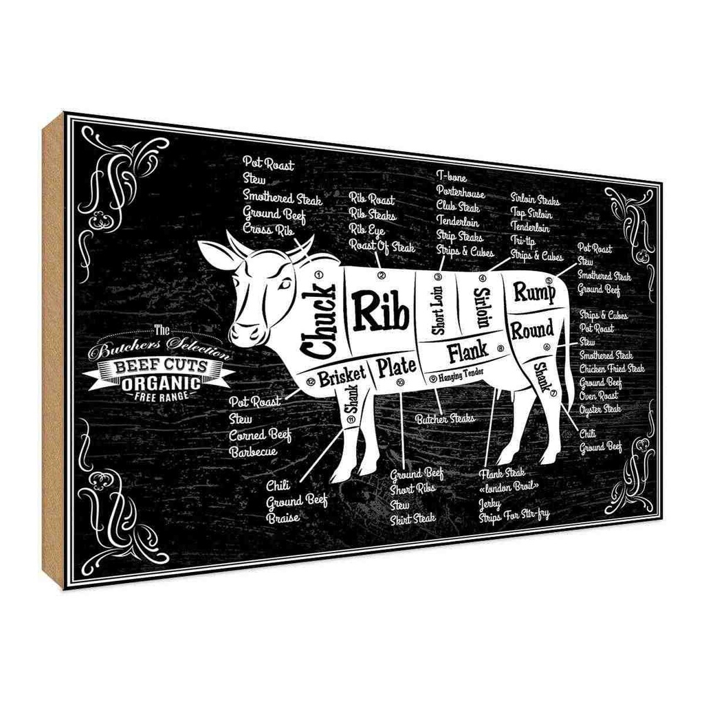 [LA-118797-H] Holzschild 30x40 cm Beef cuts Organic Metzgerei Hofladen Marktstand Laden